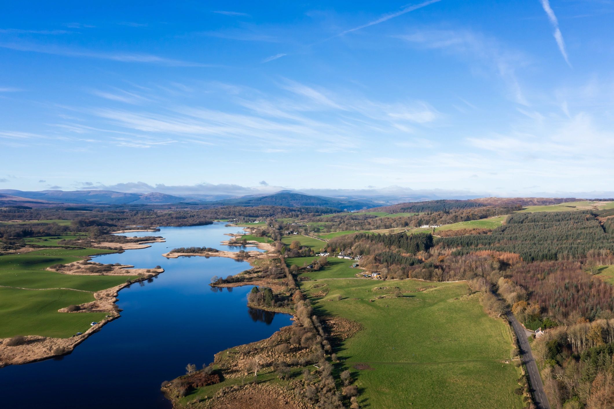 Aerial view of rural Scotland landscape