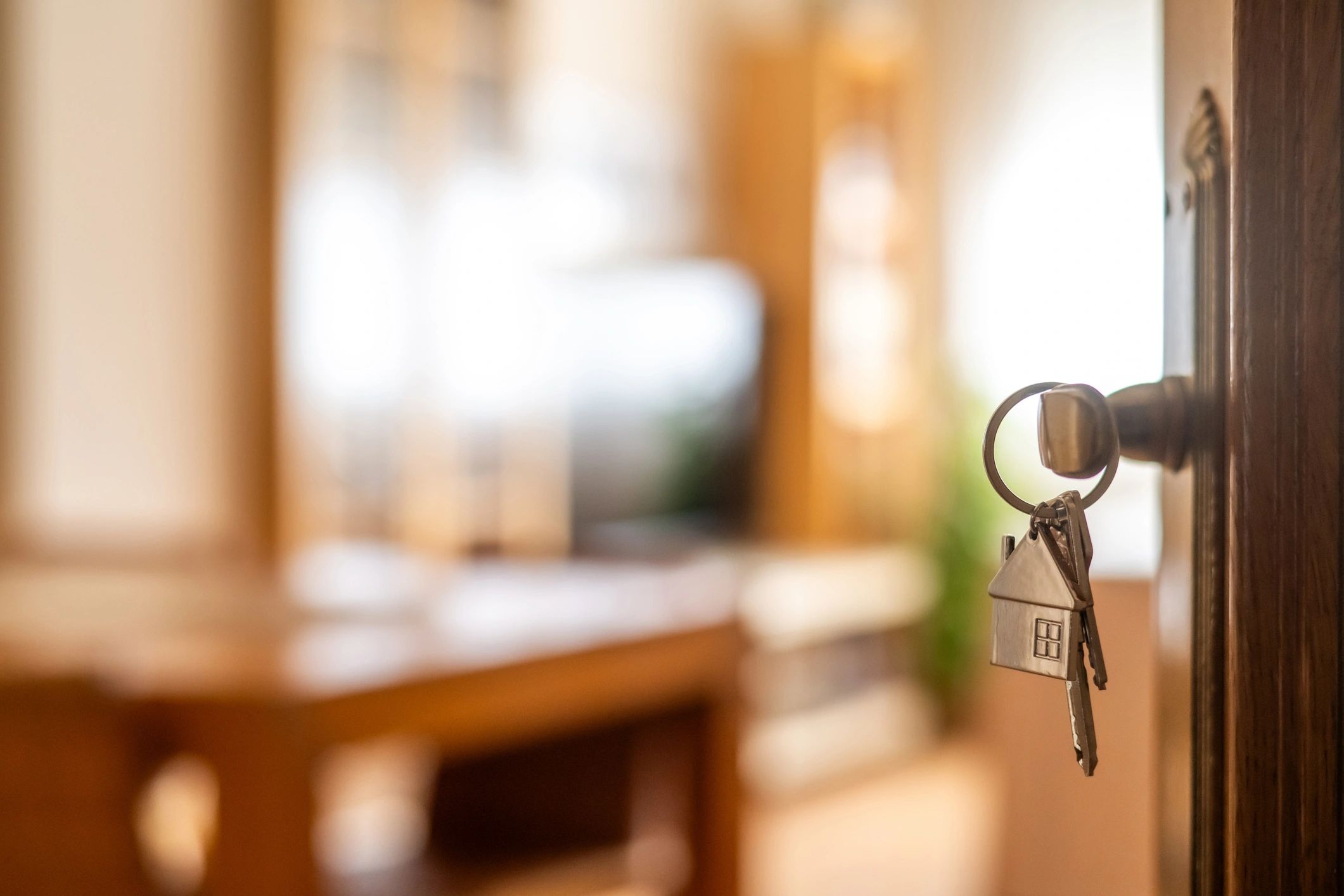 House keys in a door with keychain