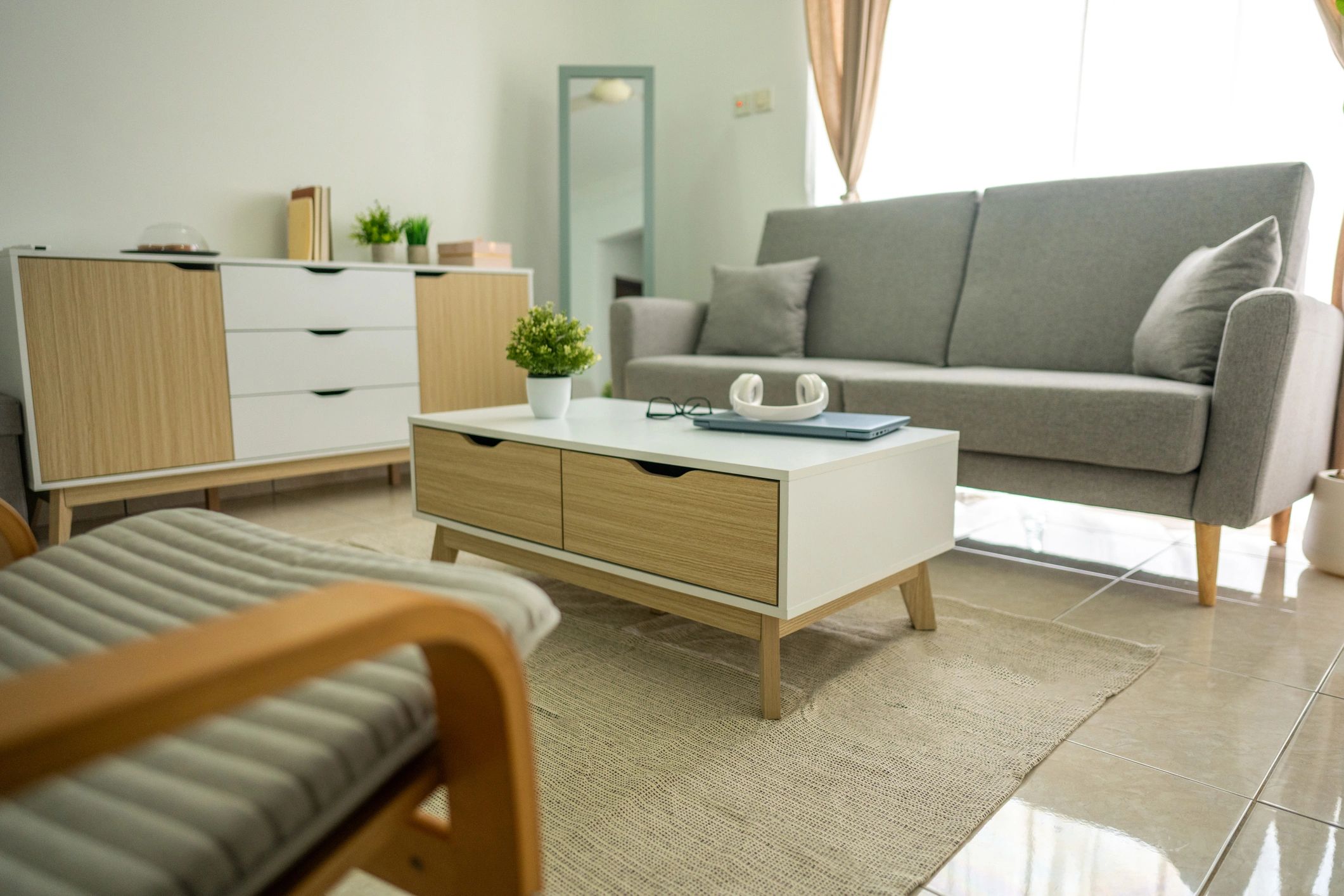Modern living room with sofa and armchair